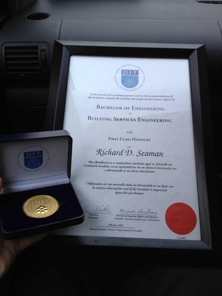 My framed BEng certificate alongside the Student Academic Excellence Award gold medal.