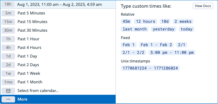Datadog's DateRangePicker expanded view showing pre-canned options and custom time input examples