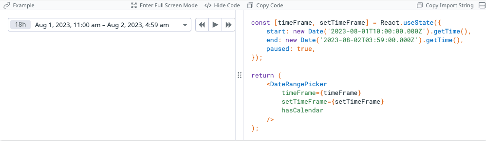 Datadog's DateRangePicker component playground showing the component alongside its React code