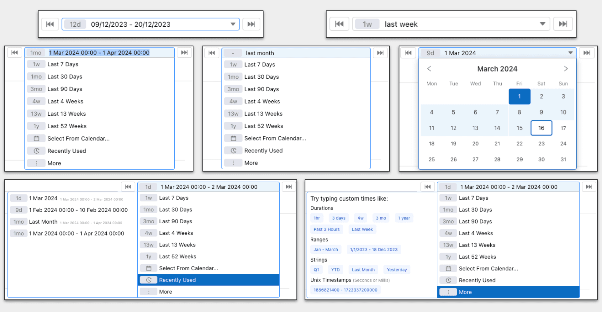 Our Date Range Picker component showing canned ranges, recent searches, and natural language input