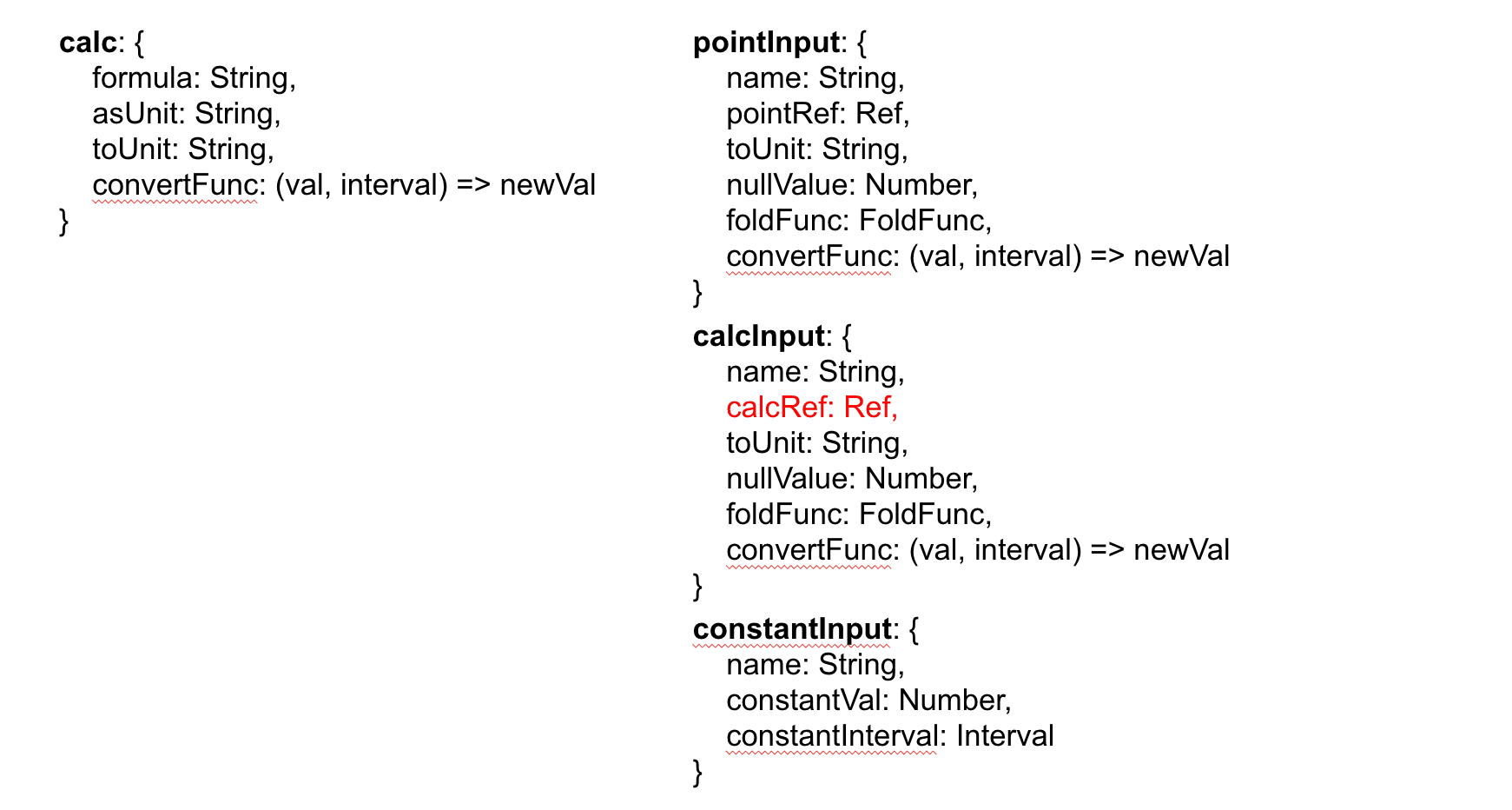 Data structure definitions showing input configurations and calculation metadata