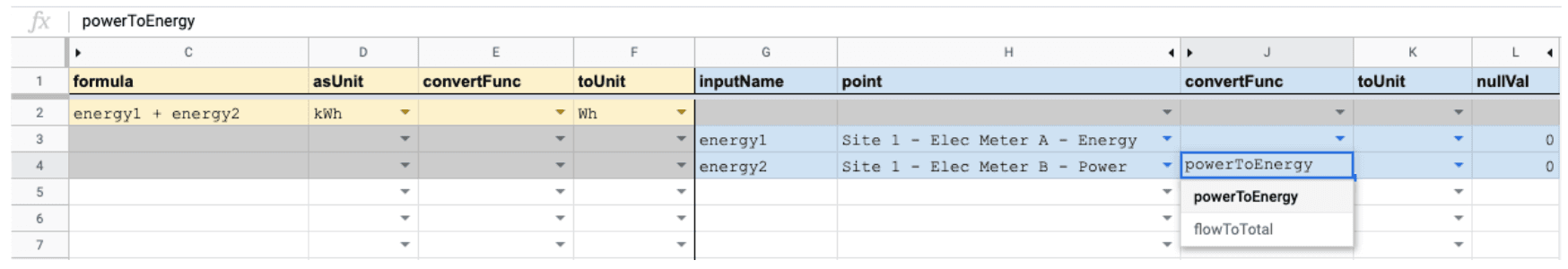 Google Sheets interface showing calculation definitions in a familiar spreadsheet format