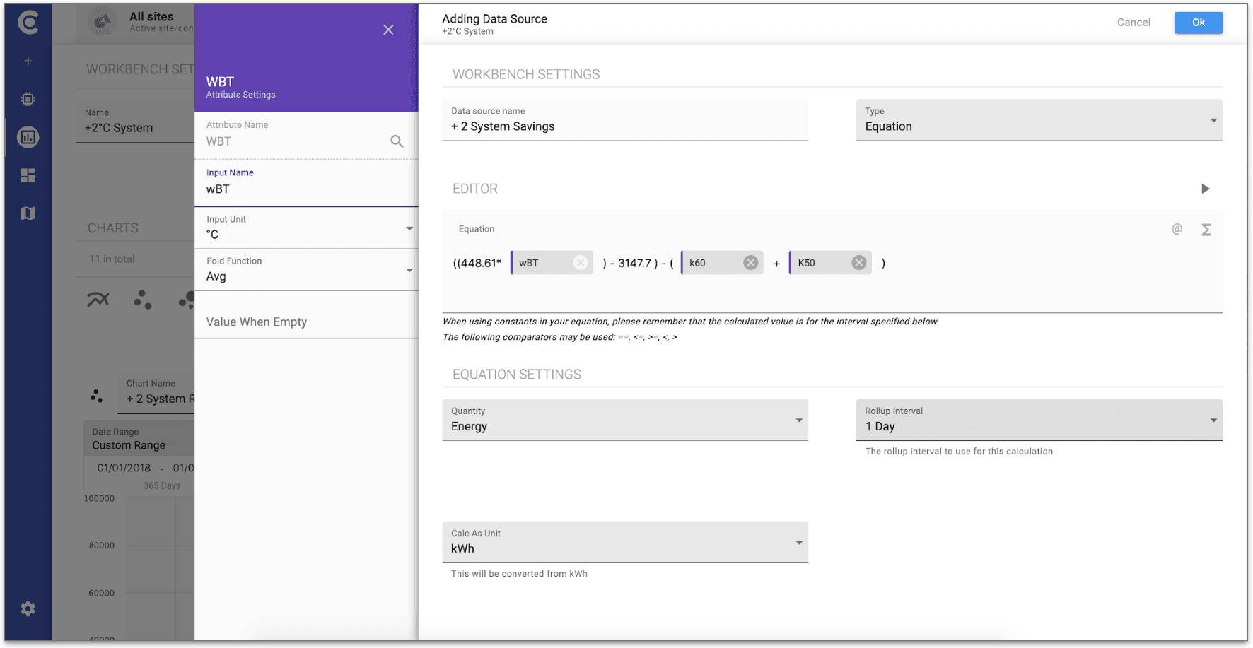 In-app calculation editor showing pill-based formula interface with configuration panels