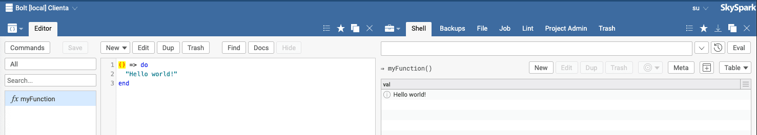 The SkySpark Code app and Tools app side by side, with a function definition on the left and a shell call invoking it on the right