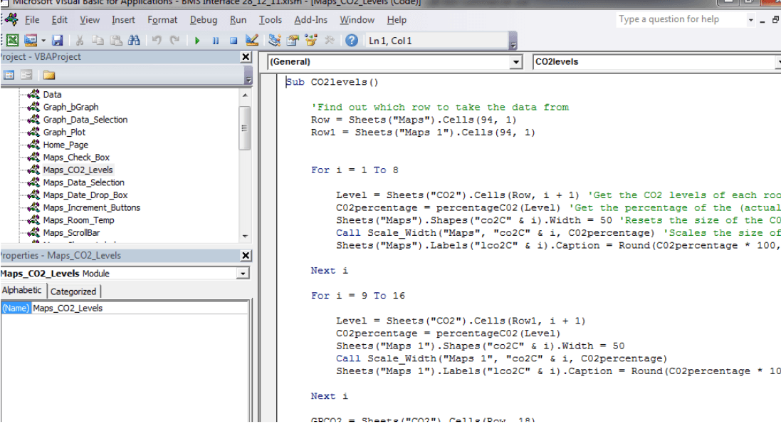 VBA code in the Microsoft Visual Basic Editor showing the modular structure and CO2 level processing logic