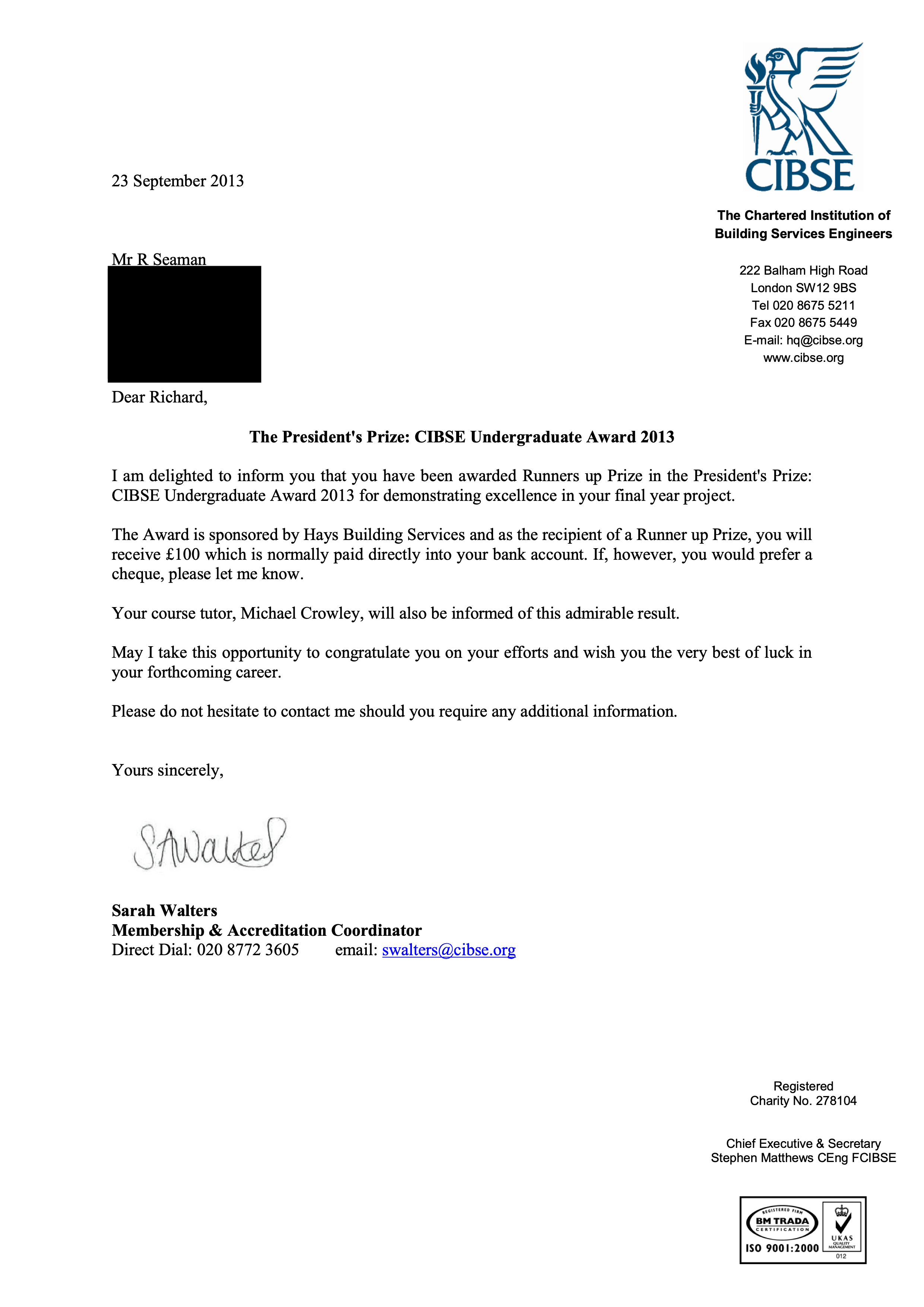 Official letter from CIBSE confirming the Runner-Up Prize in the President's Prize: CIBSE Undergraduate Award 2013