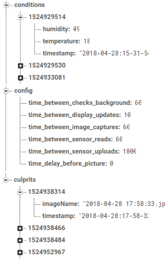 Firebase Realtime Database console showing the three root nodes: conditions with temperature and humidity readings, config with timing settings, and culprits with image metadata