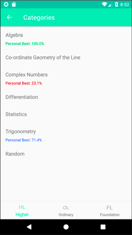 Category selection screen showing maths topics with personal best scores and level tabs