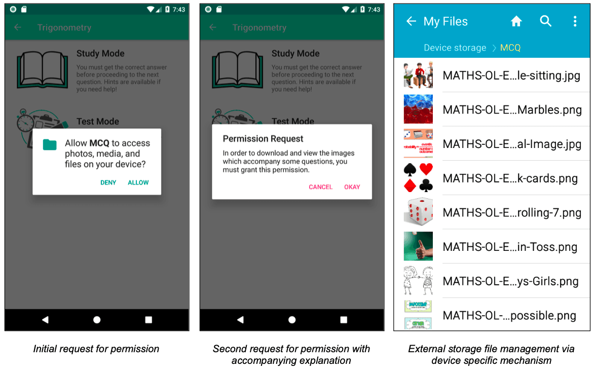 Permission request dialogs and file storage showing downloaded question images