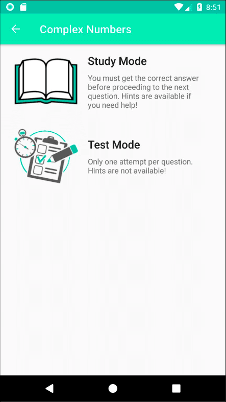 Mode selection screen showing Study Mode and Test Mode options with descriptions