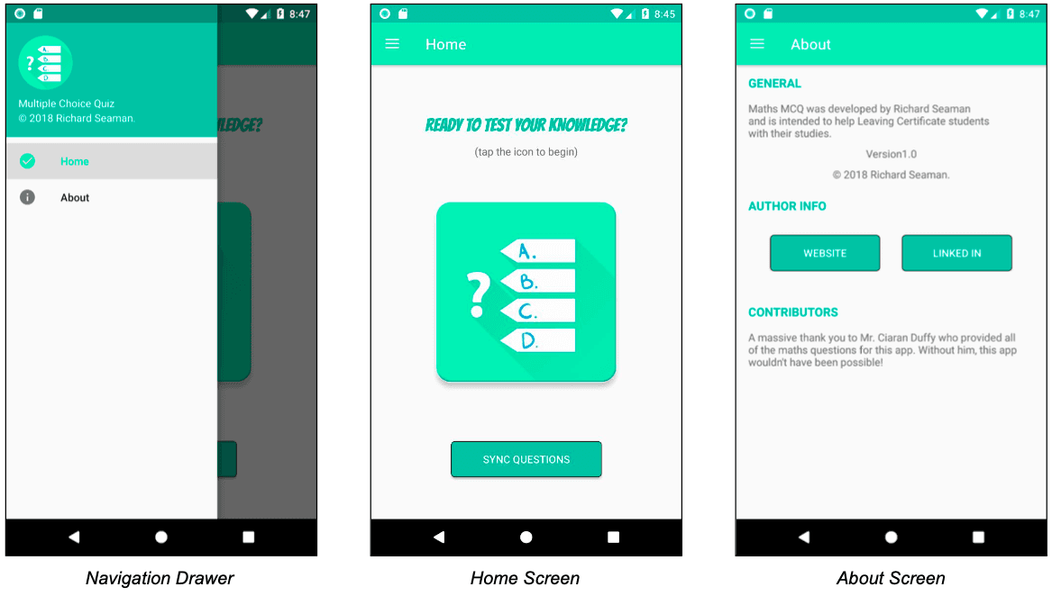 Navigation drawer, home screen, and about screen of the Maths MCQ app