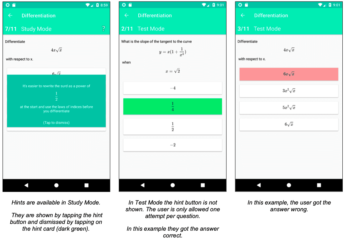 Comparison of Study Mode with hints visible, Test Mode without hints, and an incorrect answer state