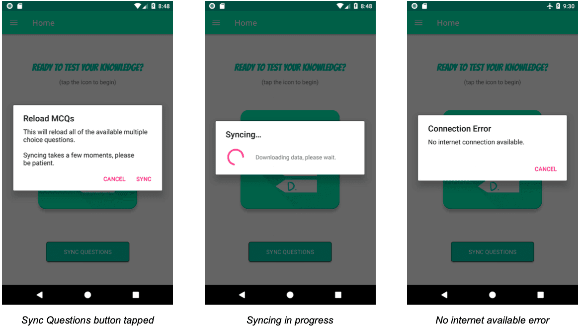 Three phone screens showing the sync dialog, syncing in progress, and connection error states