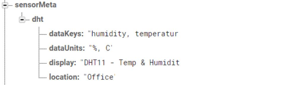 Firebase sensorMeta node showing metadata including dataKeys, dataUnits, display name, and location