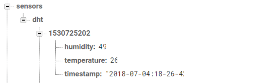 Firebase sensors node showing time-series data keyed by epoch timestamp, containing humidity, temperature, and timestamp values