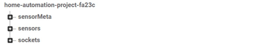 Firebase Realtime Database console showing the three root nodes: sensorMeta, sensors, and sockets