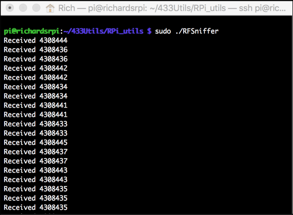 Terminal output from the RFSniffer utility showing captured RF codes as the remote control buttons were pressed