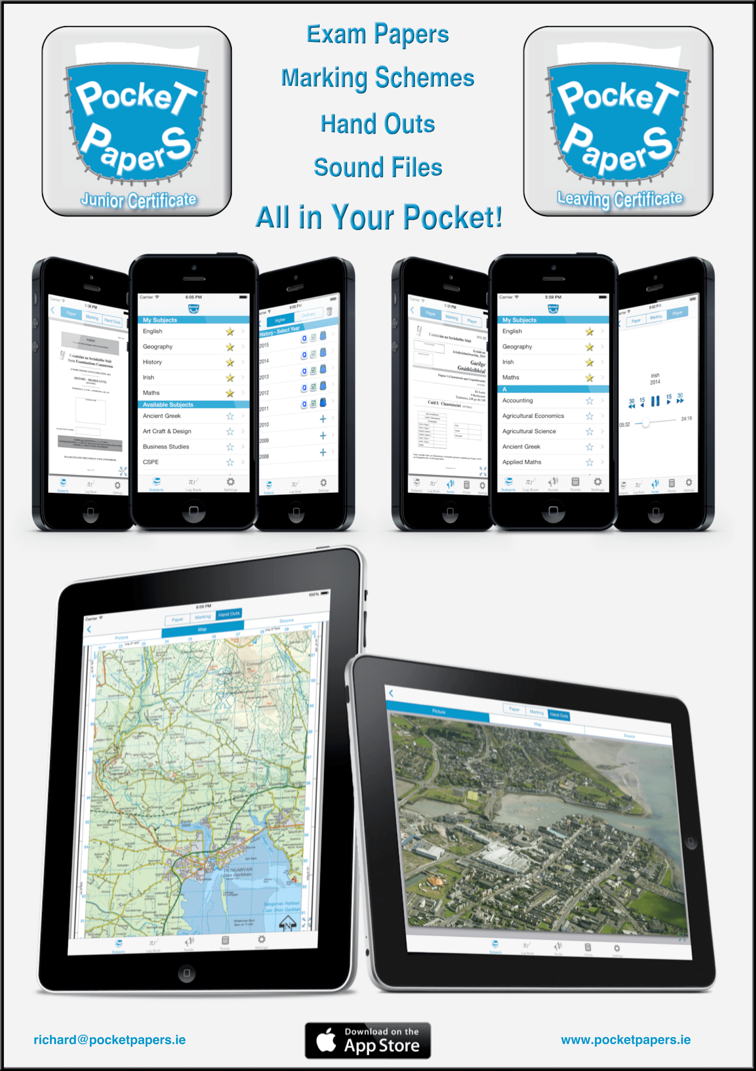 Original Pocket Papers marketing flyer from the iOS-only era, showing Junior Certificate and Leaving Certificate app screenshots