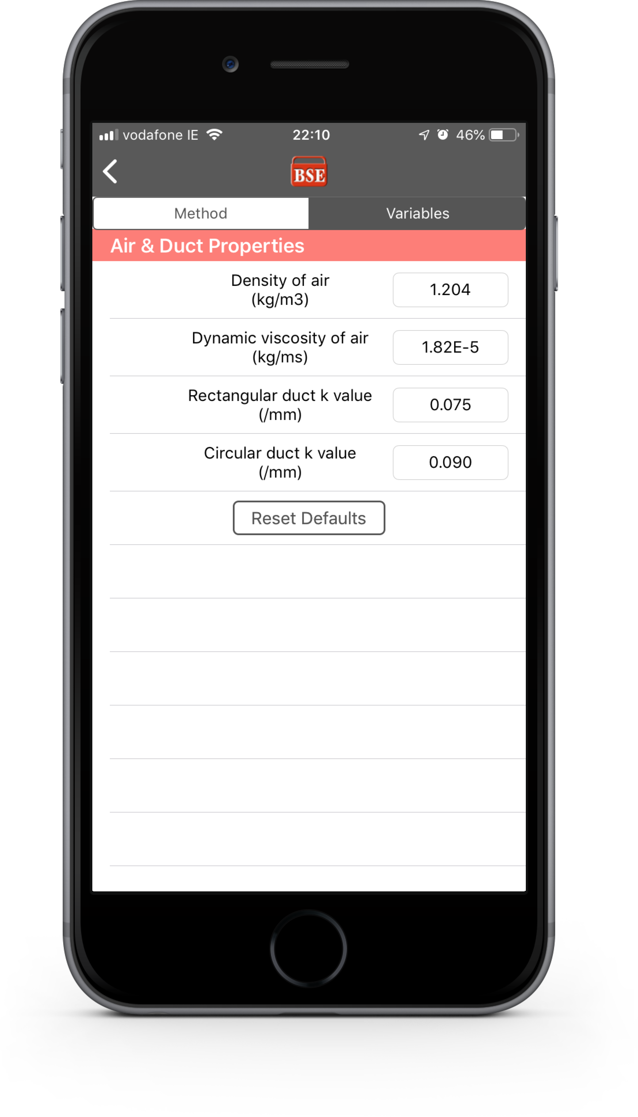 Duct Sizer configurable parameters
