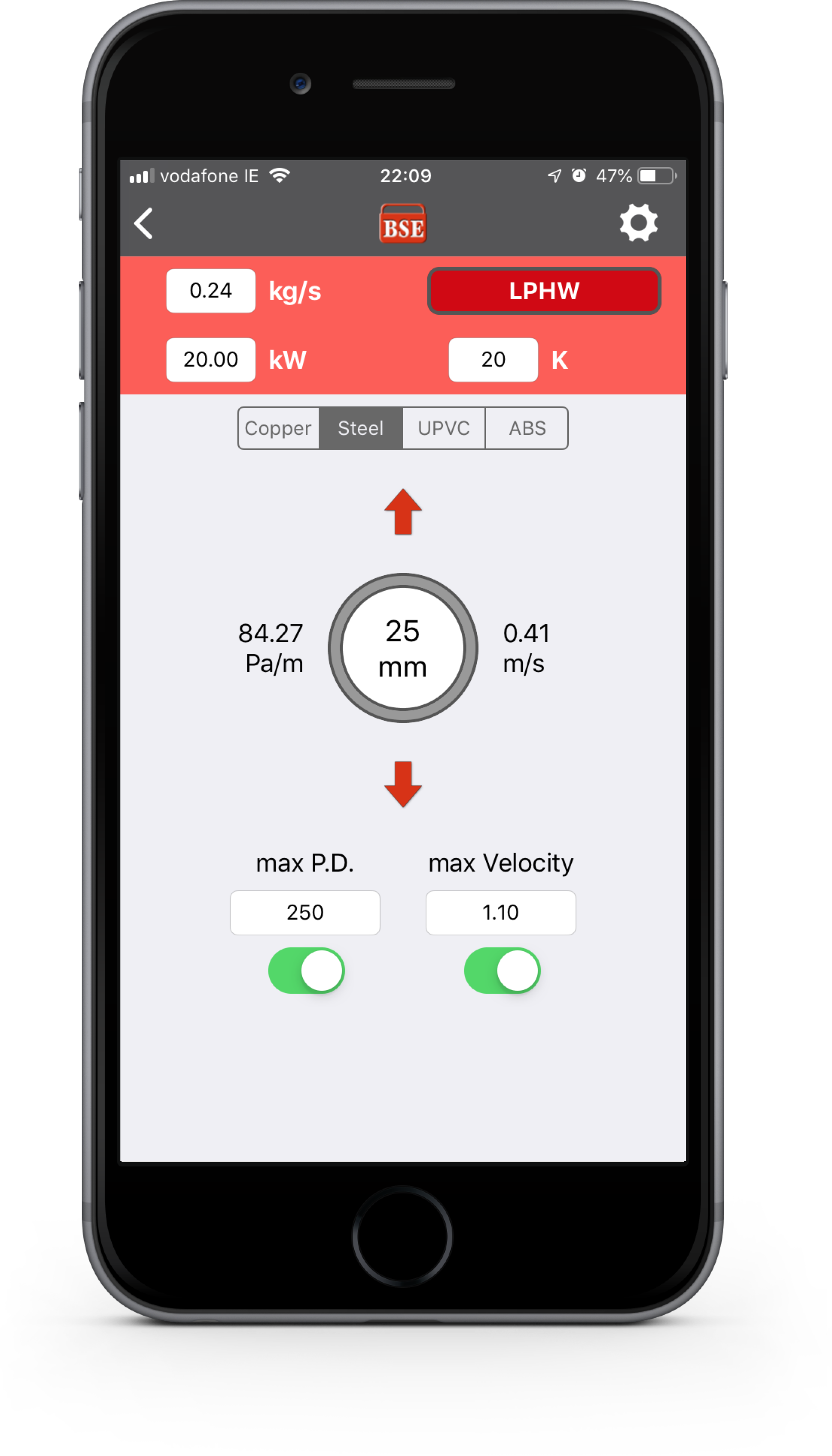 Pipe Sizer interface showing flow rate inputs and calculated pipe diameter