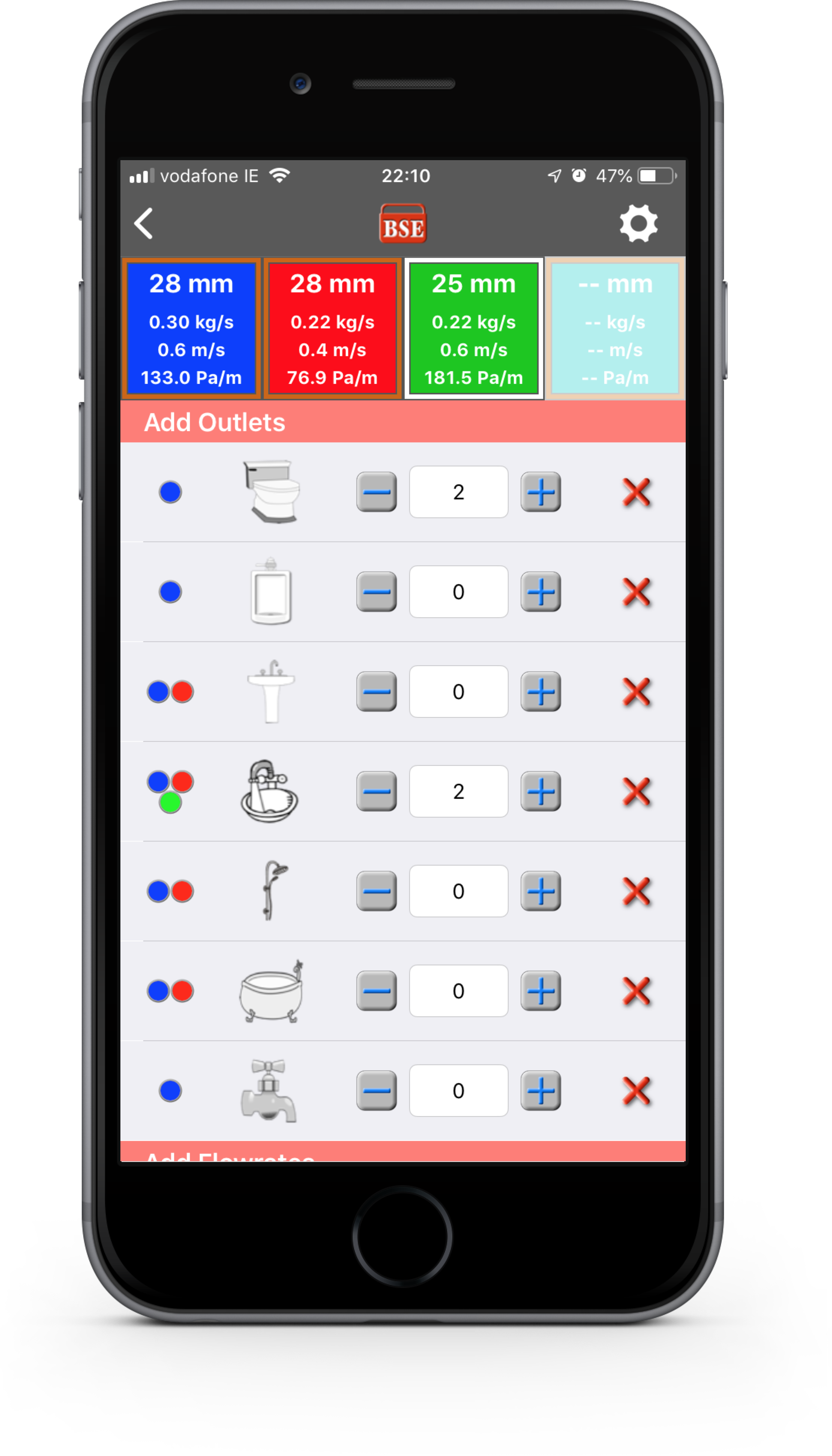 Simultaneous Demand calculator showing fixture selection and branch pipe sizing